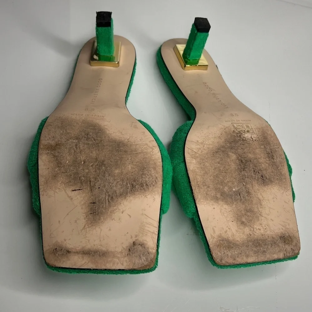 Good American Sz 8.5 Green Terry Kickstand Mule Sandals 1.5” Block Kitten Heel